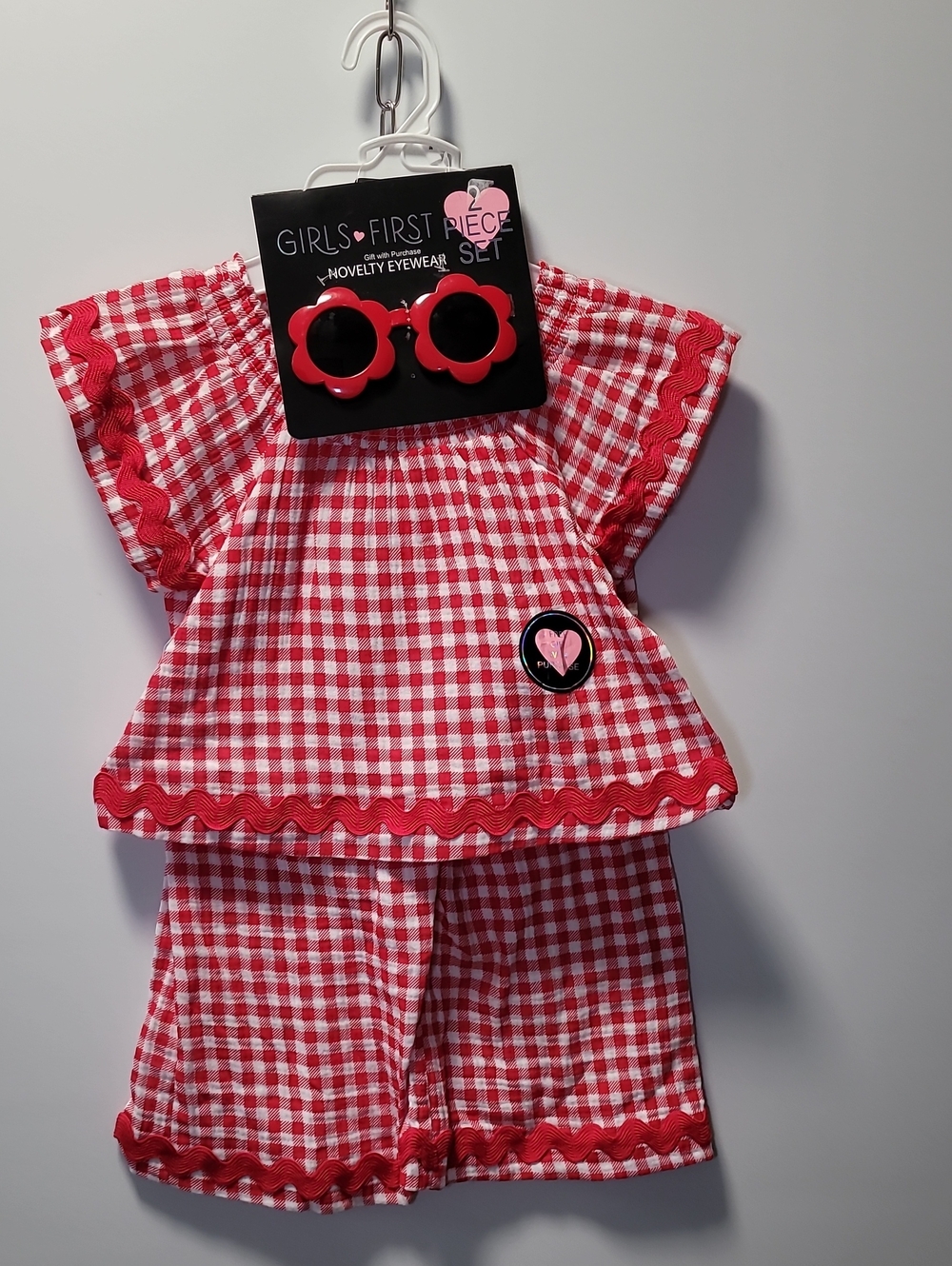 Girls' Matching Red Gingham Set with Sunglasses -